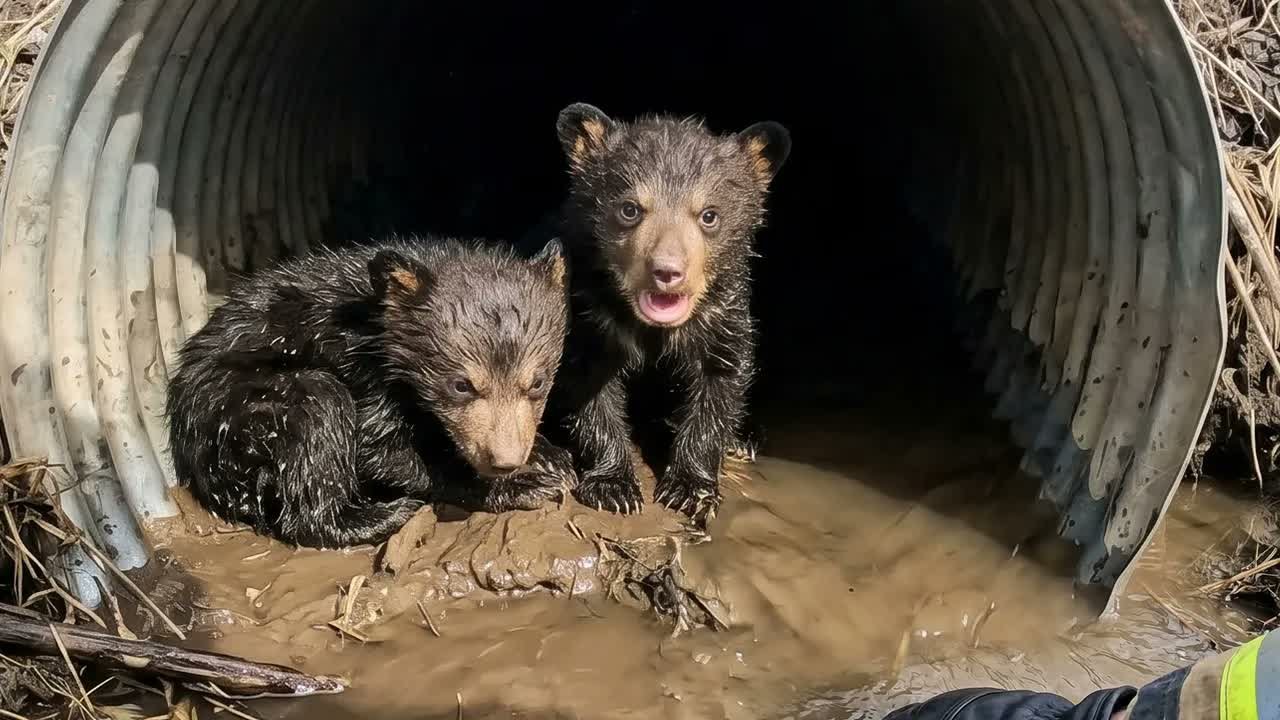 Officers Rescue Two Newborn Bear Cubs From Flooded Den